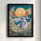 Pokemon poster featuring Lugia in blue and white with swirling clouds and warm orange sun background