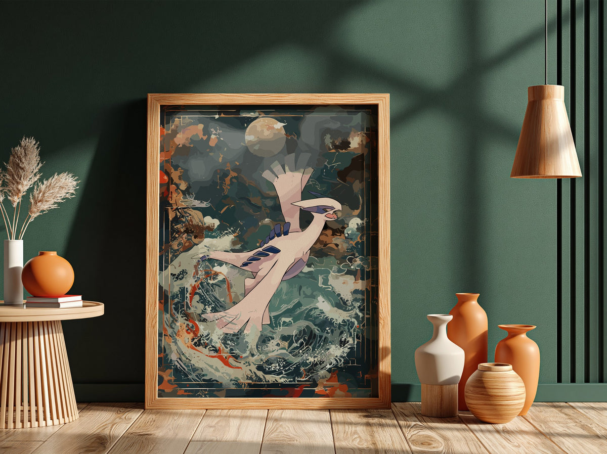 Fantasy poster featuring Lugia flying over turbulent ocean with deep blue and rust tones