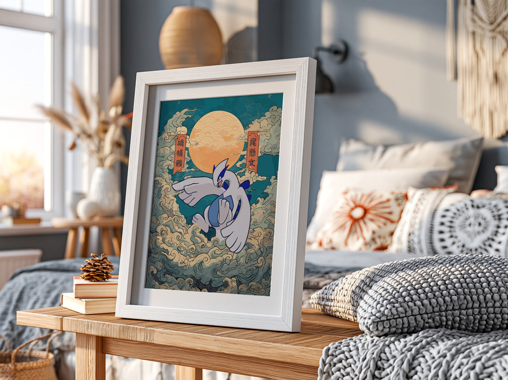 Pokemon poster featuring Lugia in blue and white with swirling clouds and warm orange sun background