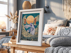 Pokemon poster featuring Lugia in blue and white with swirling clouds and warm orange sun background