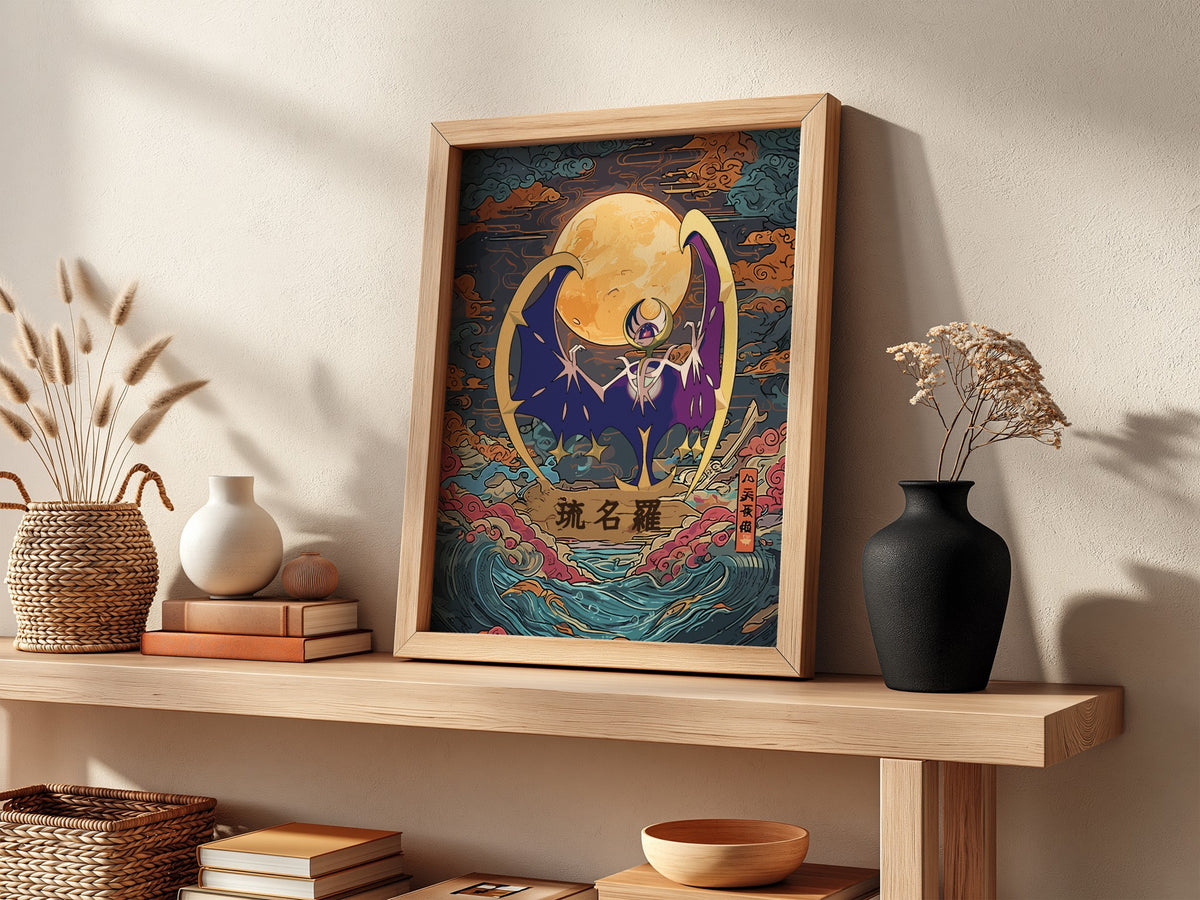 Pokemon poster of Lunala with glowing moon, dark blue and gold tones, stylized clouds and Japanese text