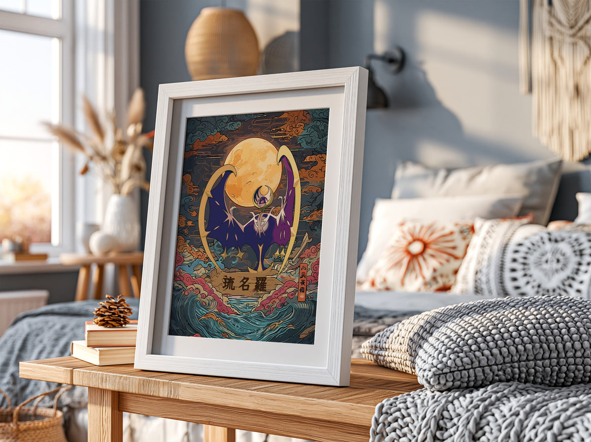 Pokemon poster of Lunala with glowing moon, dark blue and gold tones, stylized clouds and Japanese text