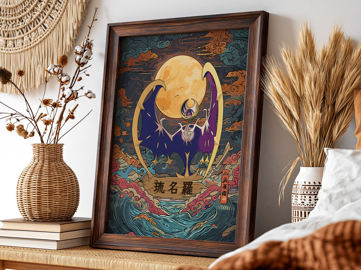 Pokemon poster of Lunala with glowing moon, dark blue and gold tones, stylized clouds and Japanese text