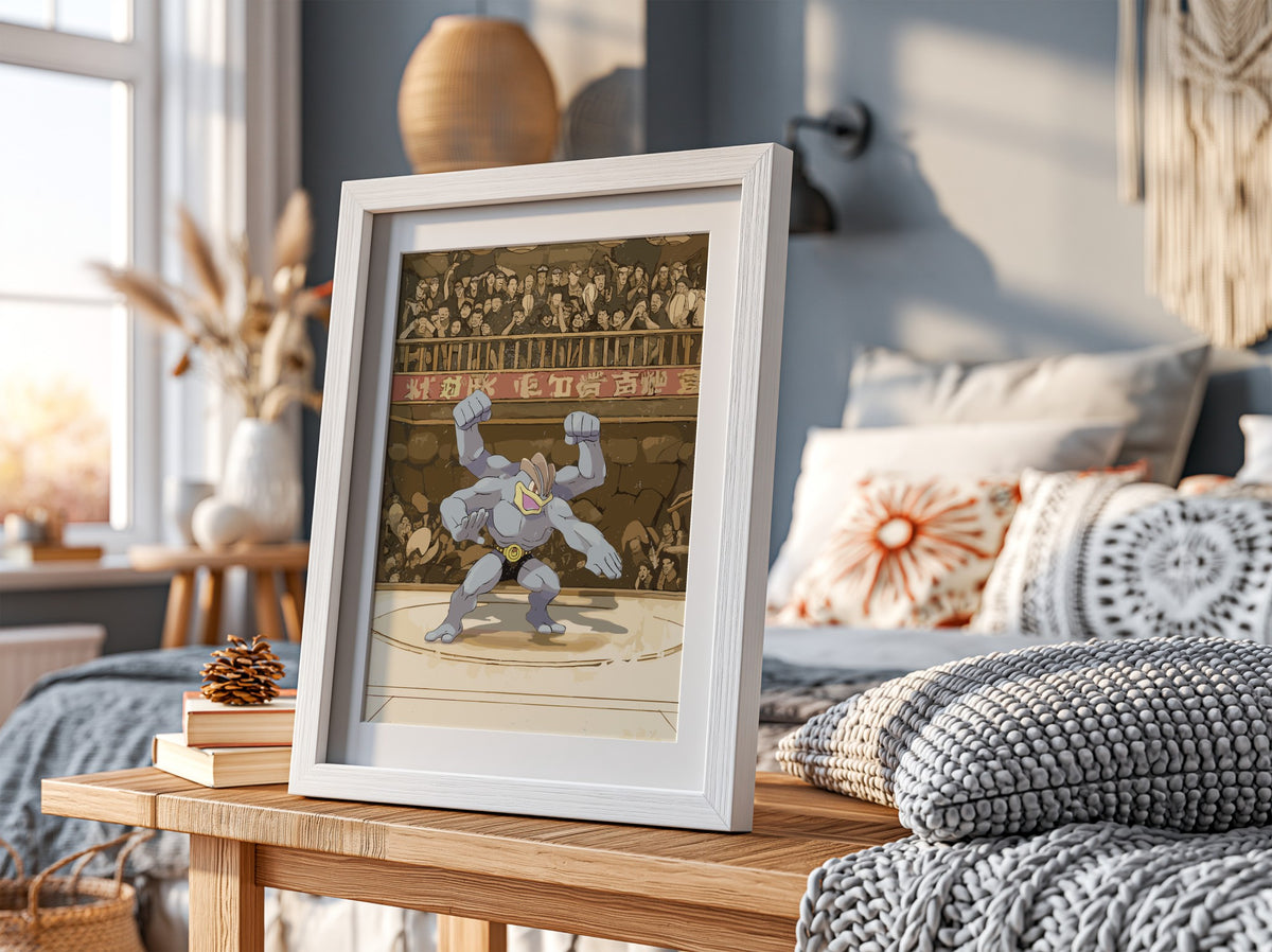 Poster of Machamp in fighting pose with muted earthy tones and vintage crowd background