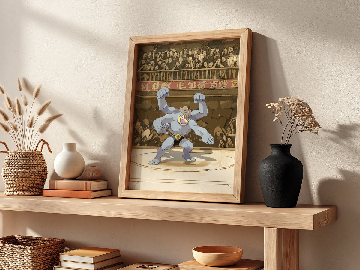 Poster of Machamp in fighting pose with muted earthy tones and vintage crowd background