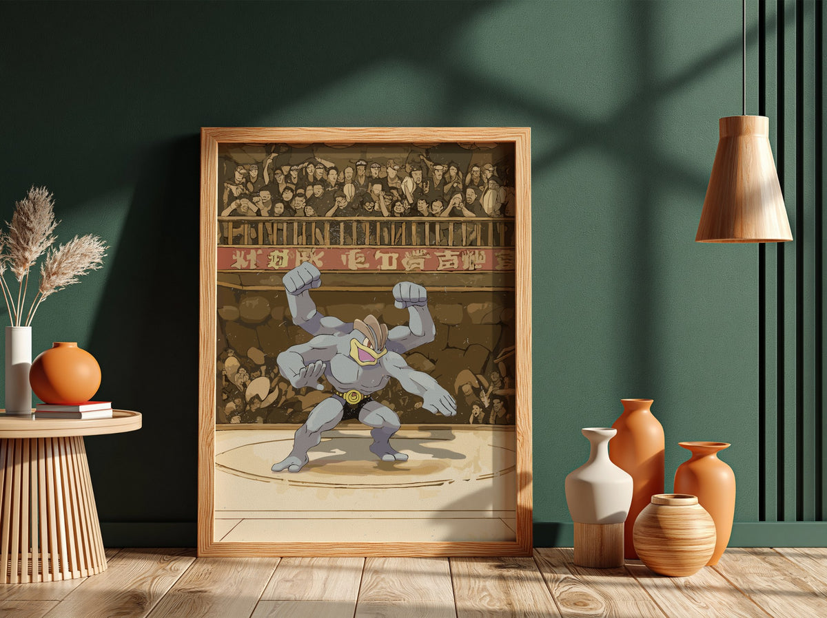 Poster of Machamp in fighting pose with muted earthy tones and vintage crowd background