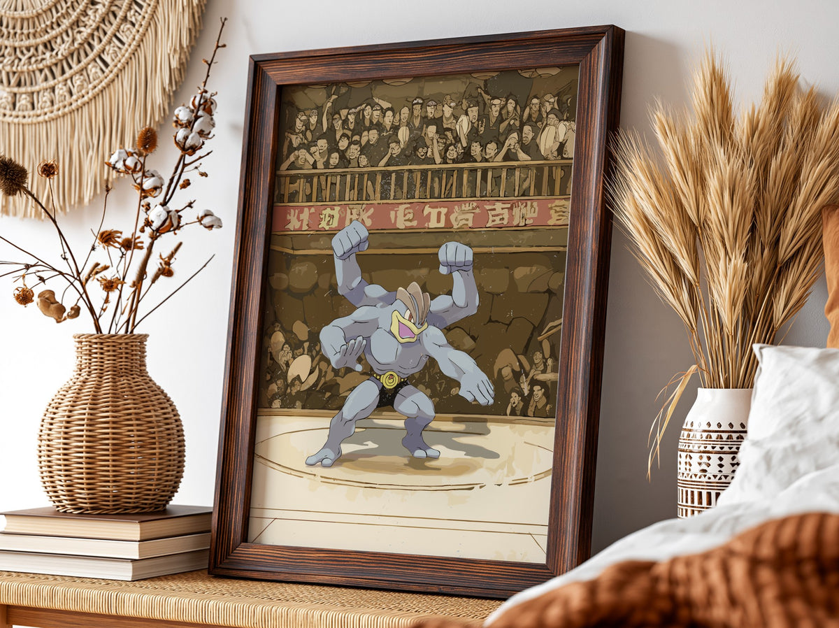 Poster of Machamp in fighting pose with muted earthy tones and vintage crowd background