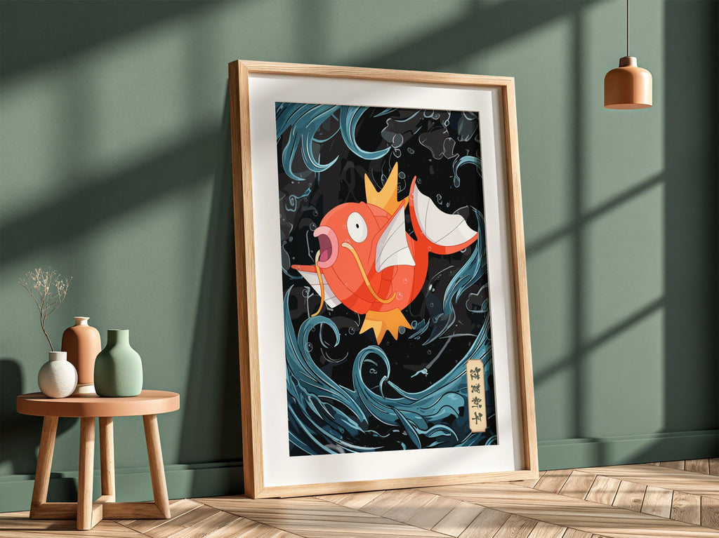 Poster featuring vibrant orange Magikarp with swirling blue water on black background in cartoon style