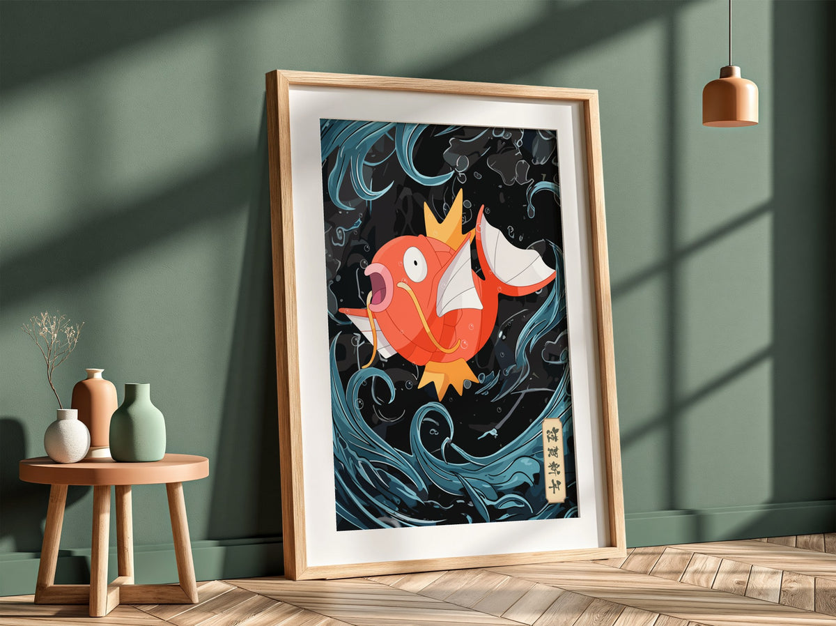 Poster featuring vibrant orange Magikarp with swirling blue water on black background in cartoon style