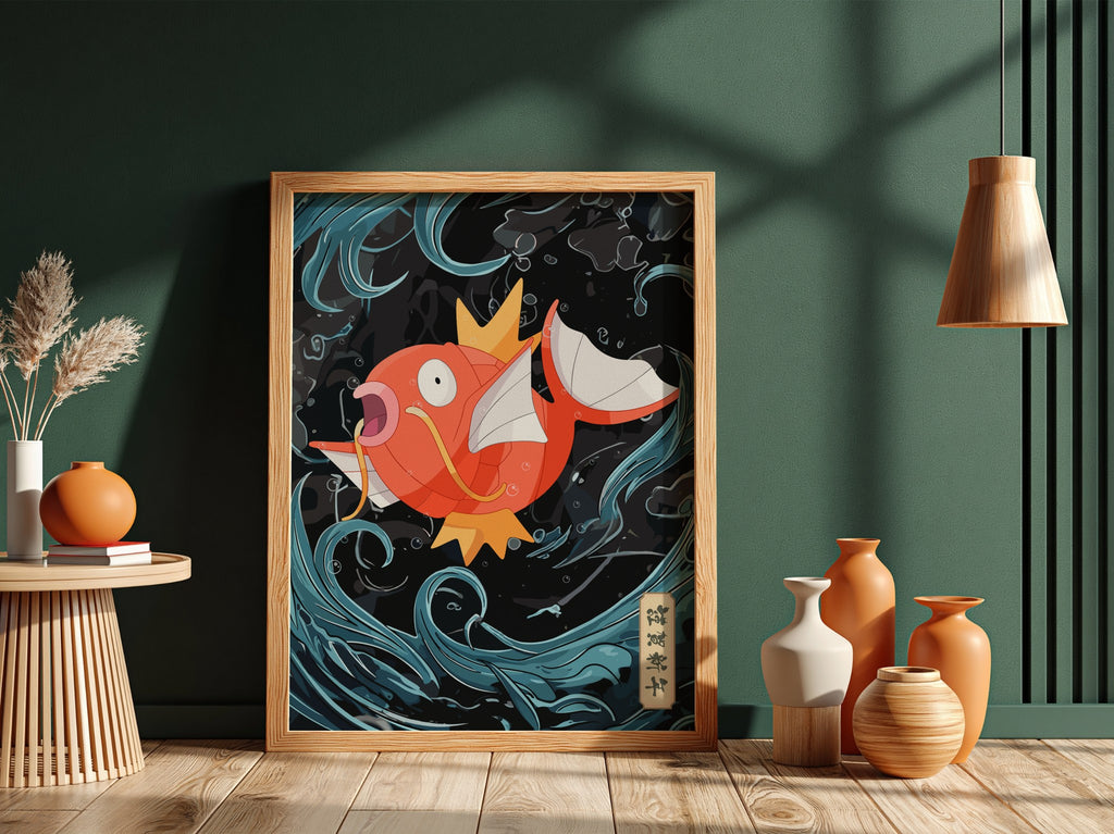Poster featuring vibrant orange Magikarp with swirling blue water on black background in cartoon style
