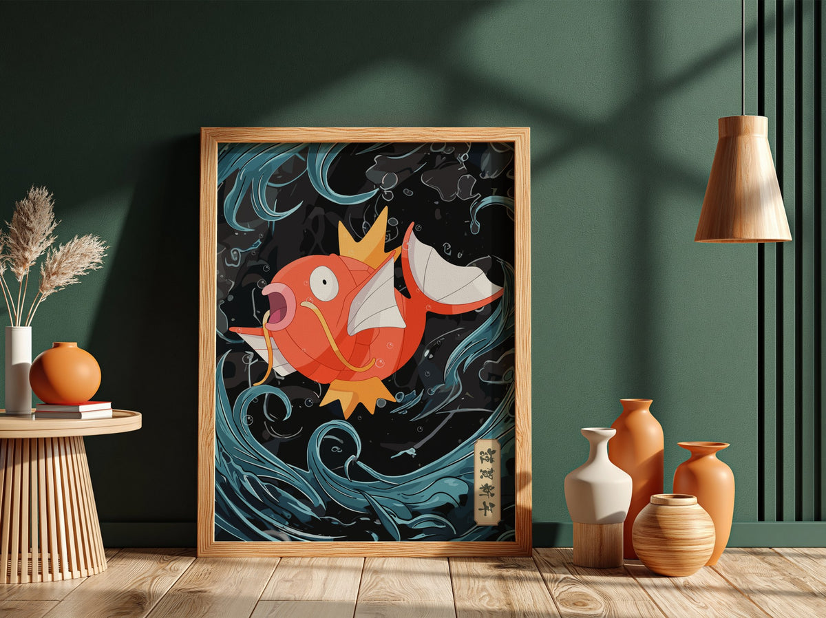 Poster featuring vibrant orange Magikarp with swirling blue water on black background in cartoon style