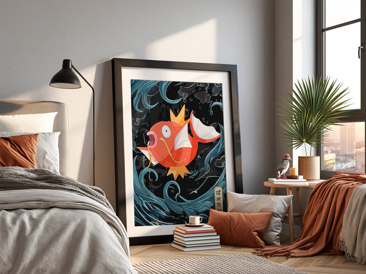 Poster featuring vibrant orange Magikarp with swirling blue water on black background in cartoon style