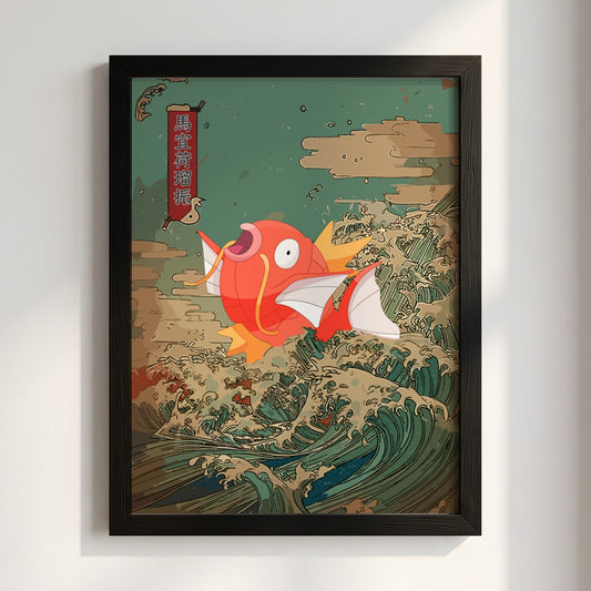 Pokemon poster featuring red Magikarp jumping over stylized teal ocean waves with Japanese ukiyo-e style