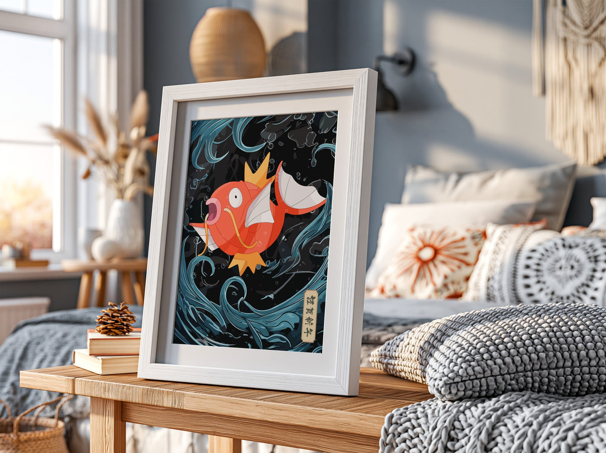Poster featuring vibrant orange Magikarp with swirling blue water on black background in cartoon style