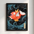 Poster featuring vibrant orange Magikarp with swirling blue water on black background in cartoon style