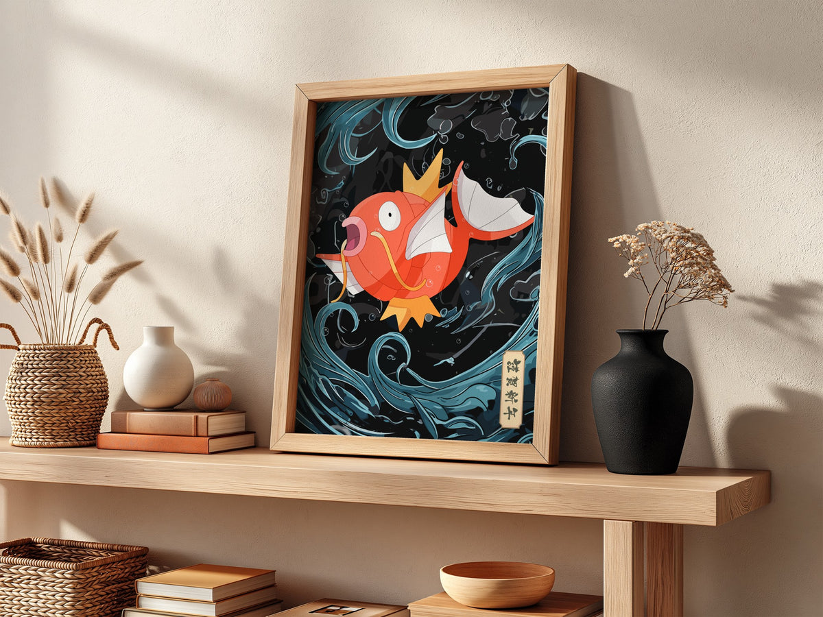 Poster featuring vibrant orange Magikarp with swirling blue water on black background in cartoon style