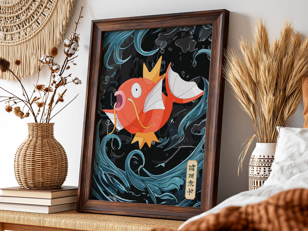 Poster featuring vibrant orange Magikarp with swirling blue water on black background in cartoon style