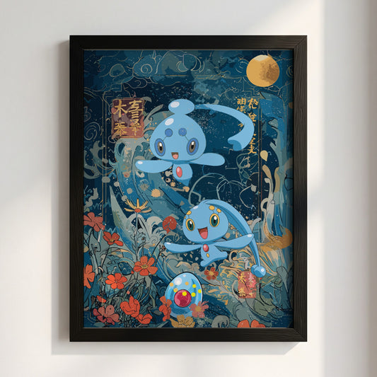 Pokemon poster featuring Manaphy and Phione in blue underwater fantasy with floral elements and golden moon