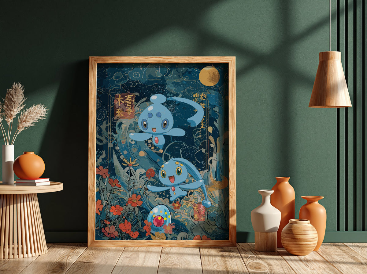 Pokemon poster featuring Manaphy and Phione in blue underwater fantasy with floral elements and golden moon