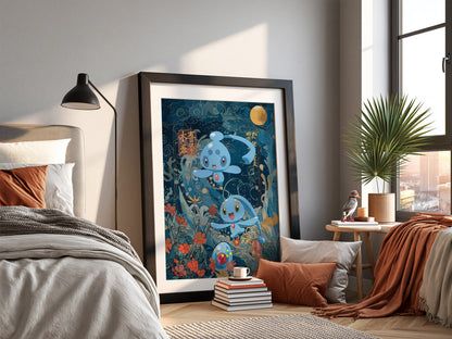 Pokemon poster featuring Manaphy and Phione in blue underwater fantasy with floral elements and golden moon