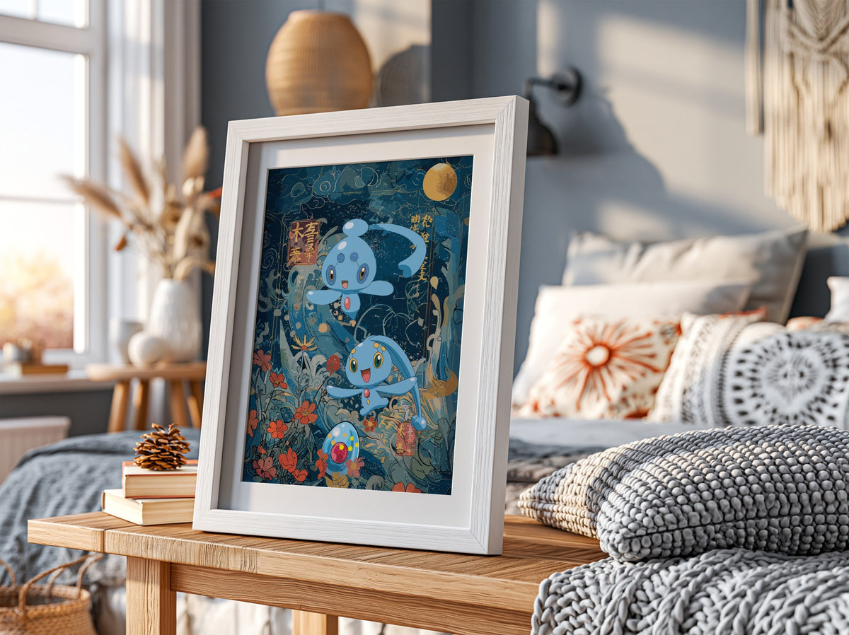 Pokemon poster featuring Manaphy and Phione in blue underwater fantasy with floral elements and golden moon