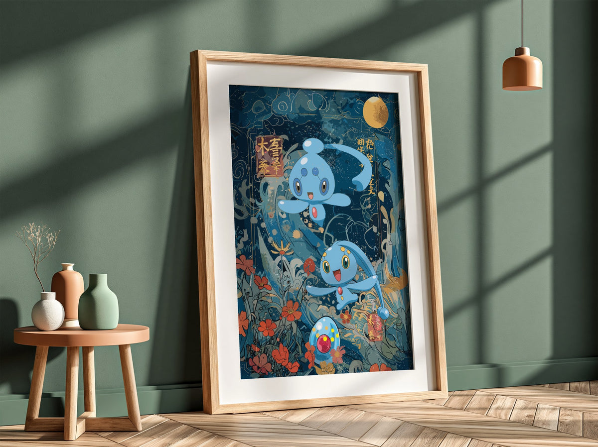 Pokemon poster featuring Manaphy and Phione in blue underwater fantasy with floral elements and golden moon