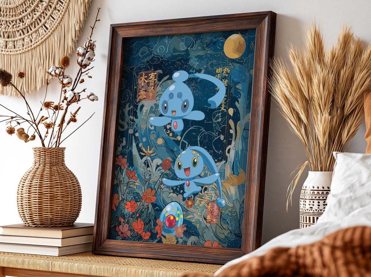 Pokemon poster featuring Manaphy and Phione in blue underwater fantasy with floral elements and golden moon
