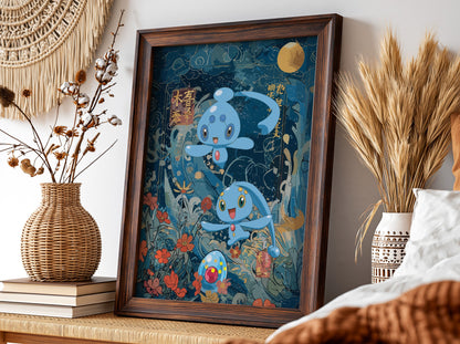 Pokemon poster featuring Manaphy and Phione in blue underwater fantasy with floral elements and golden moon