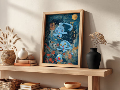Pokemon poster featuring Manaphy and Phione in blue underwater fantasy with floral elements and golden moon