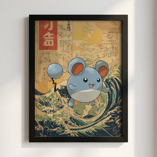 Pokemon poster featuring Marill in soft blue tones with traditional Japanese wave background and warm beige