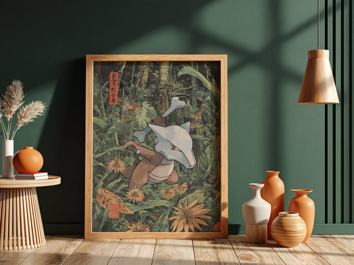 Framed Marowak Pokémon poster with green forest background and detailed natural foliage