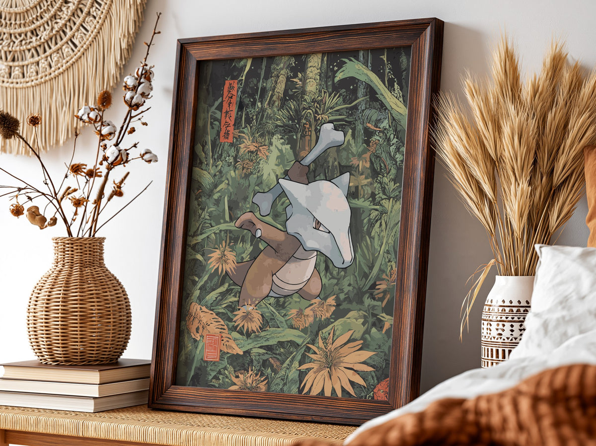 Framed Marowak Pokémon poster with green forest background and detailed natural foliage