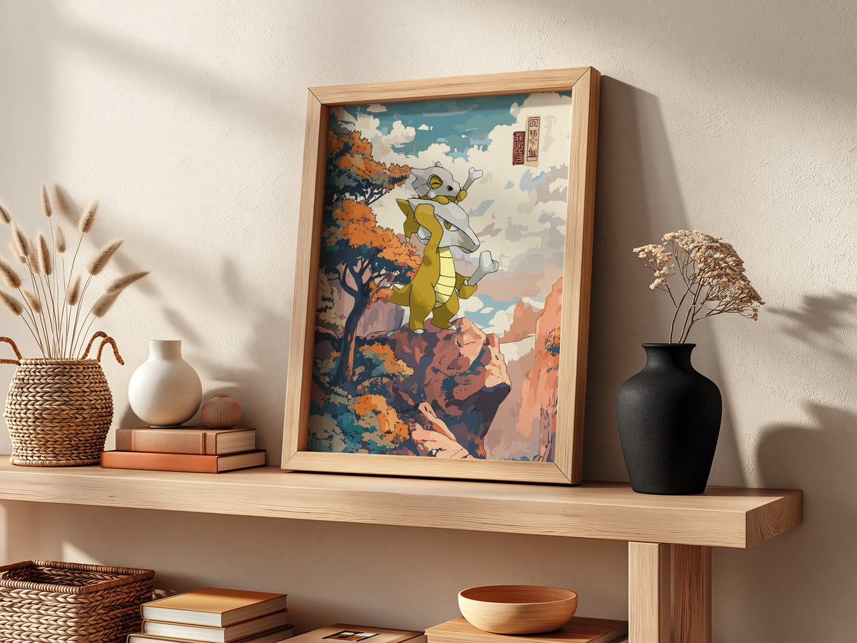 framed wall poster featuring Marowak and Cubone in warm autumn colors with Japanese style background