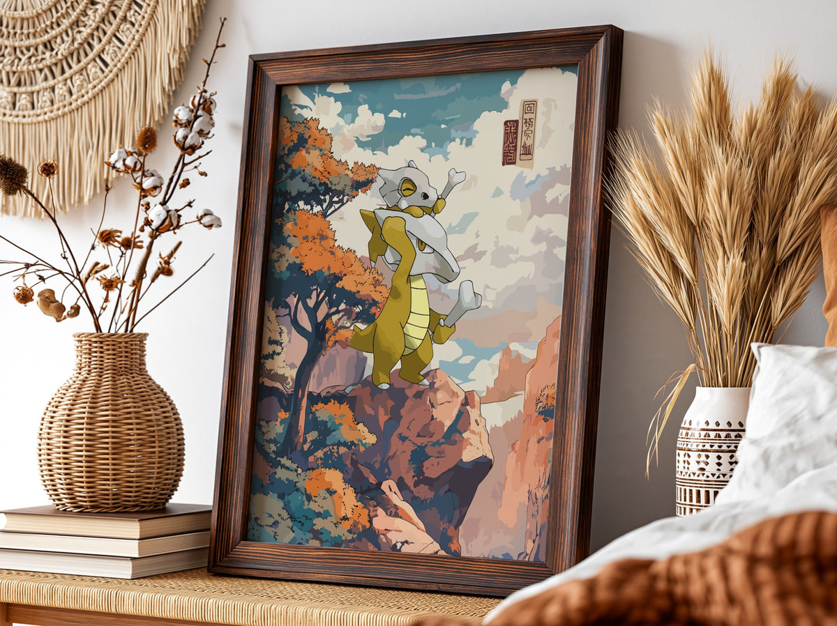 framed wall poster featuring Marowak and Cubone in warm autumn colors with Japanese style background