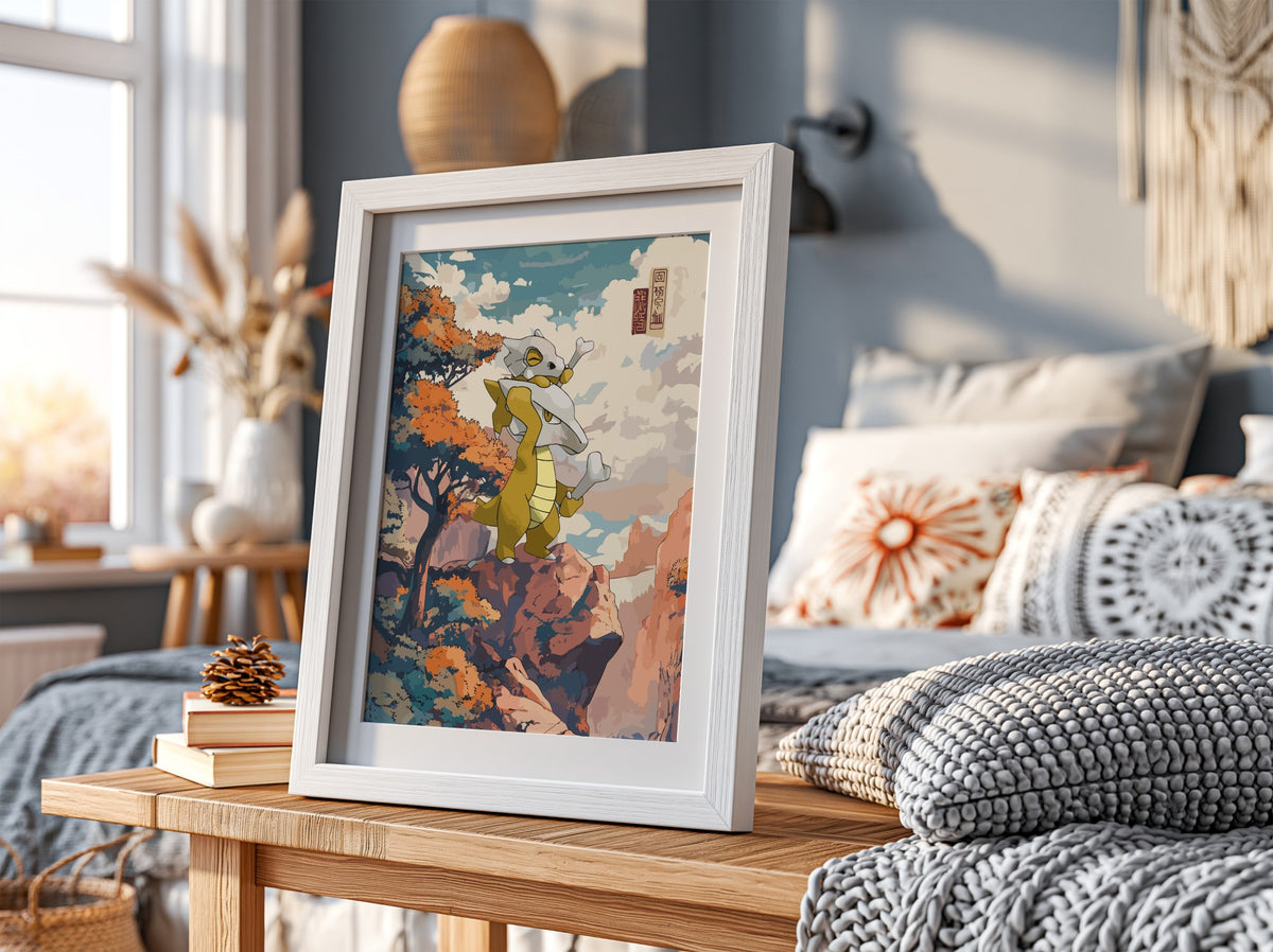framed wall poster featuring Marowak and Cubone in warm autumn colors with Japanese style background