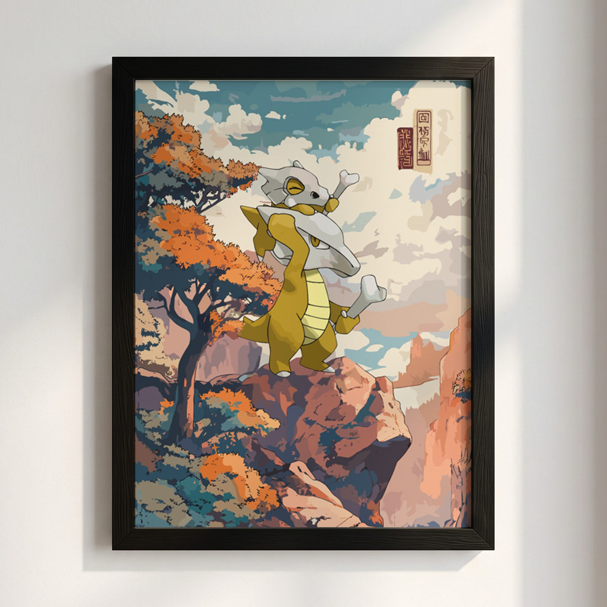 framed wall poster featuring Marowak and Cubone in warm autumn colors with Japanese style background