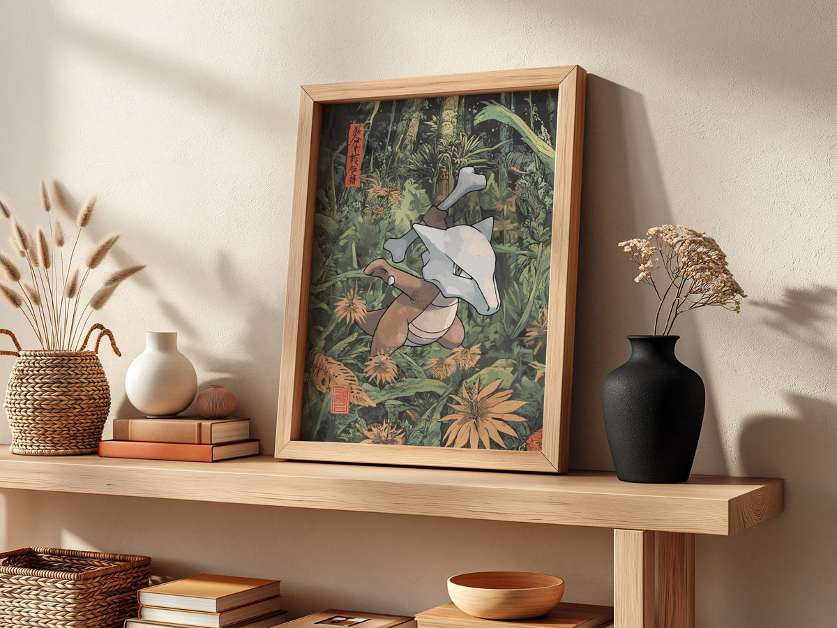 Framed Marowak Pokémon poster with green forest background and detailed natural foliage