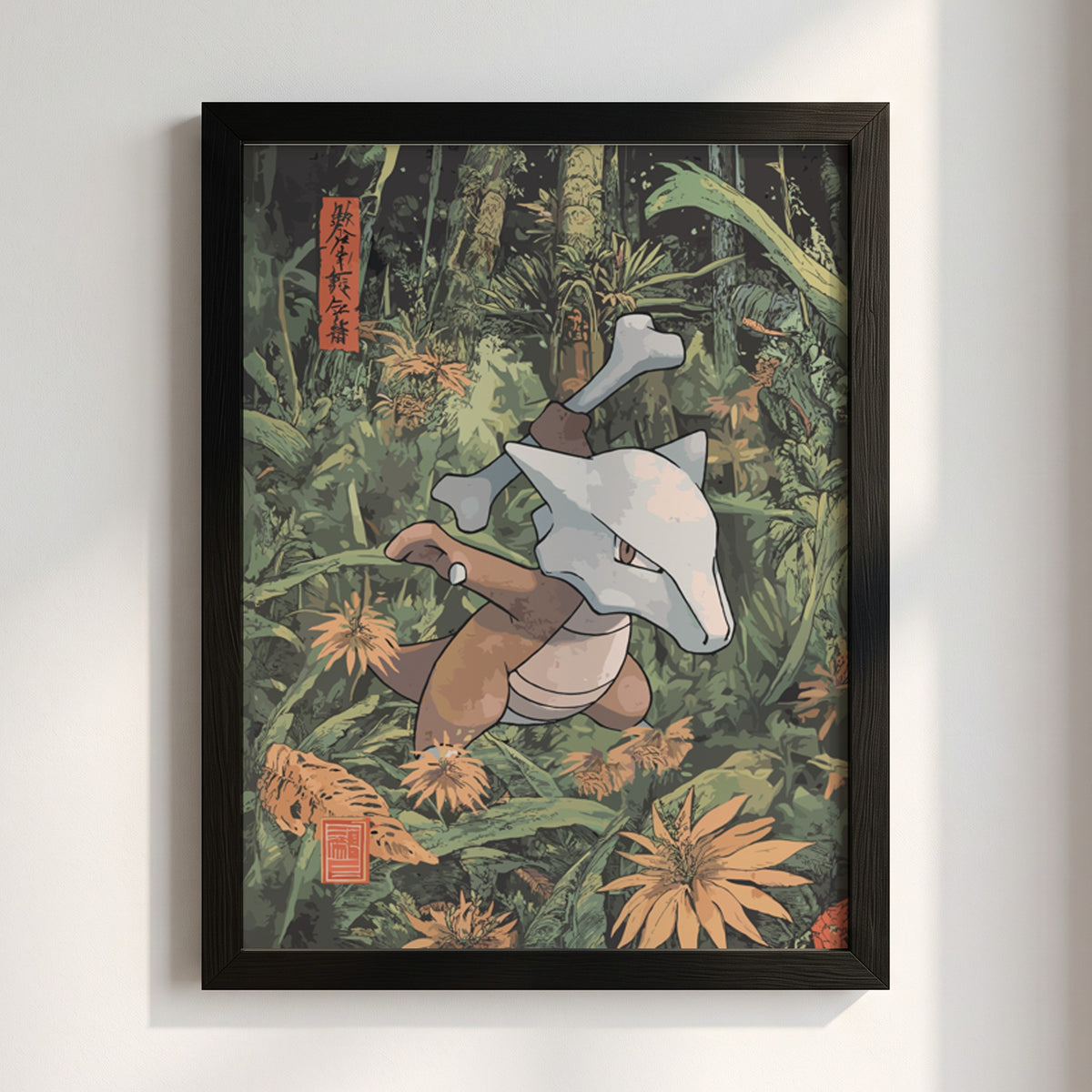 Framed Marowak Pokémon poster with green forest background and detailed natural foliage