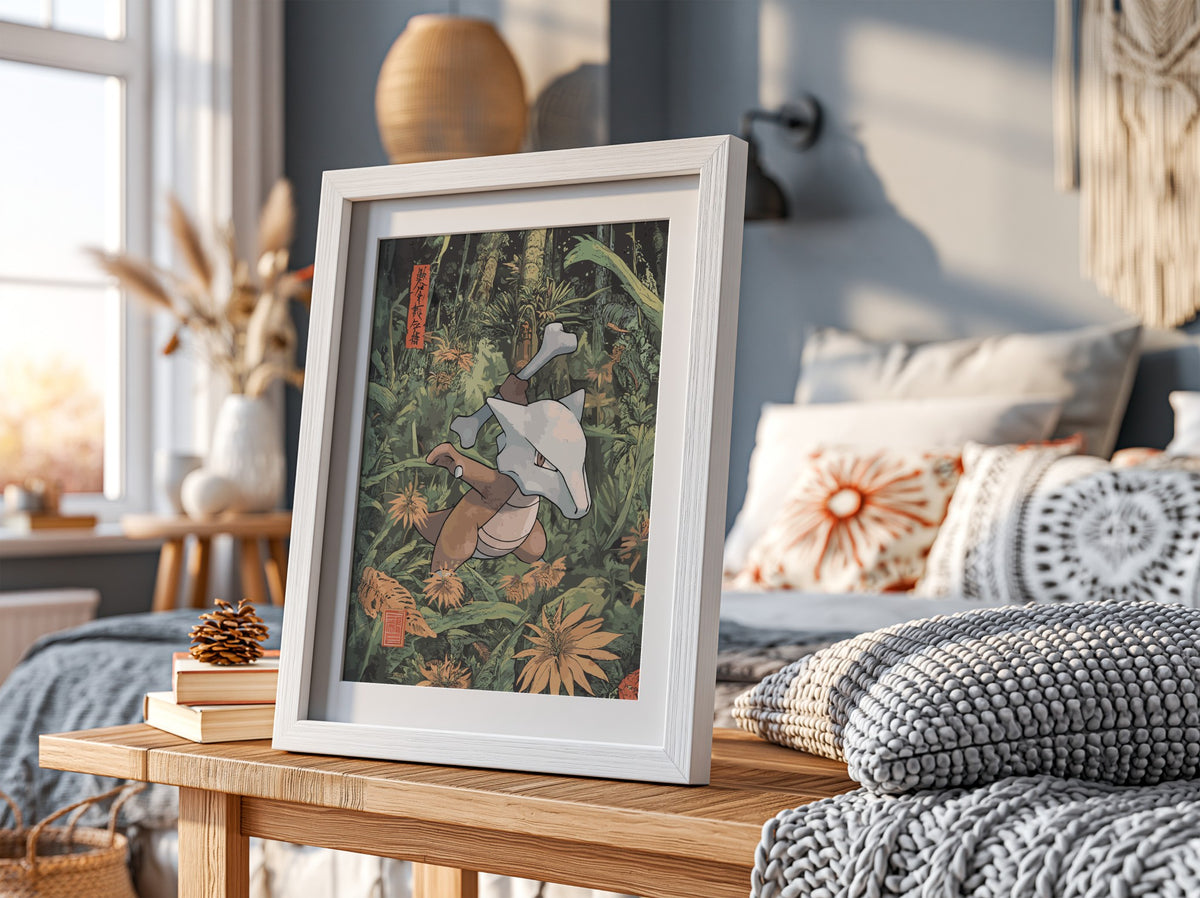 Framed Marowak Pokémon poster with green forest background and detailed natural foliage