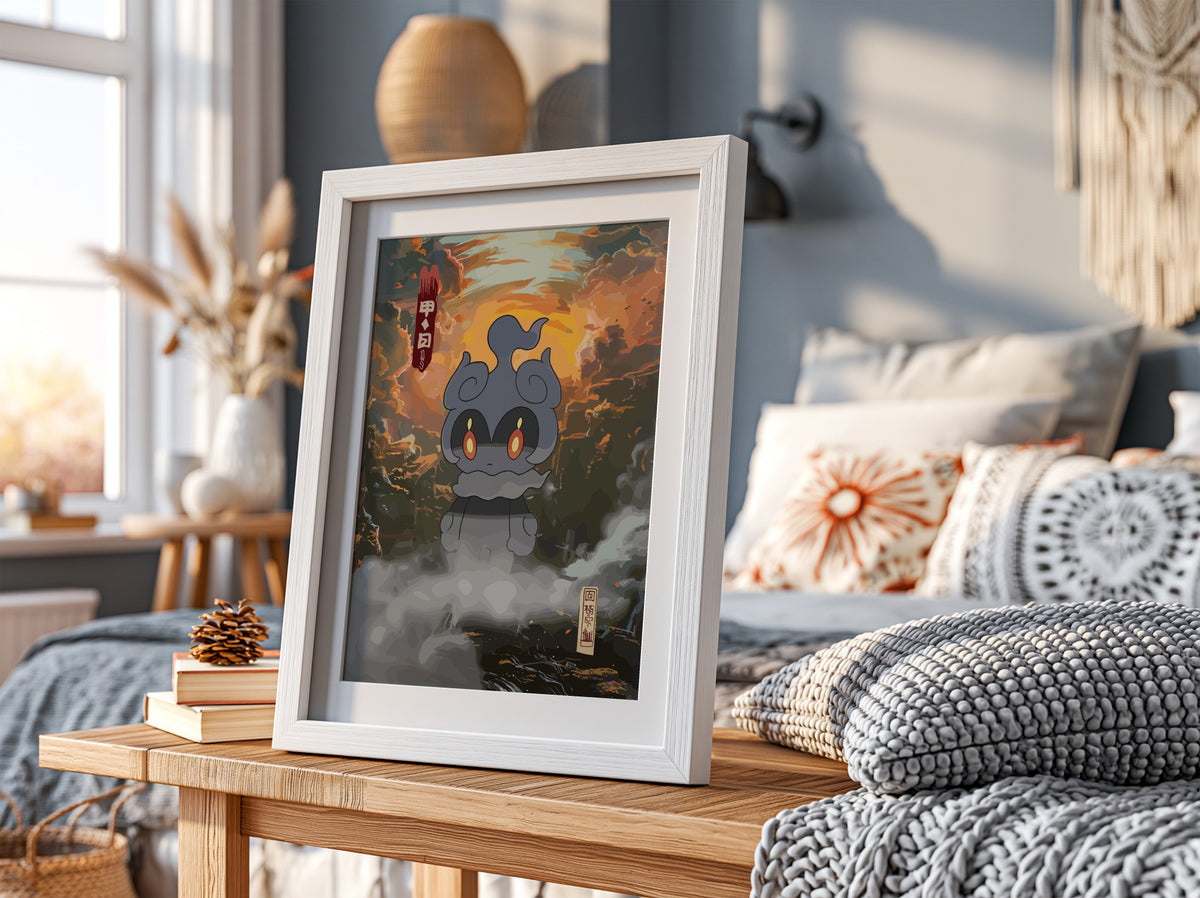 Poster of Marshadow spirit with glowing eyes in dusk orange and grey misty style