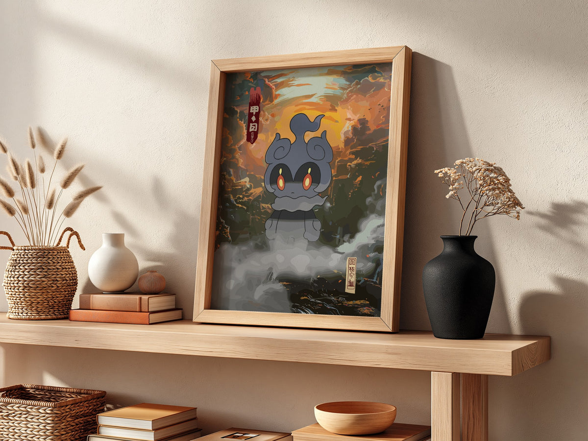 Poster of Marshadow spirit with glowing eyes in dusk orange and grey misty style
