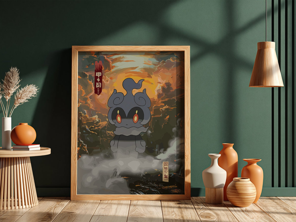 Poster of Marshadow spirit with glowing eyes in dusk orange and grey misty style