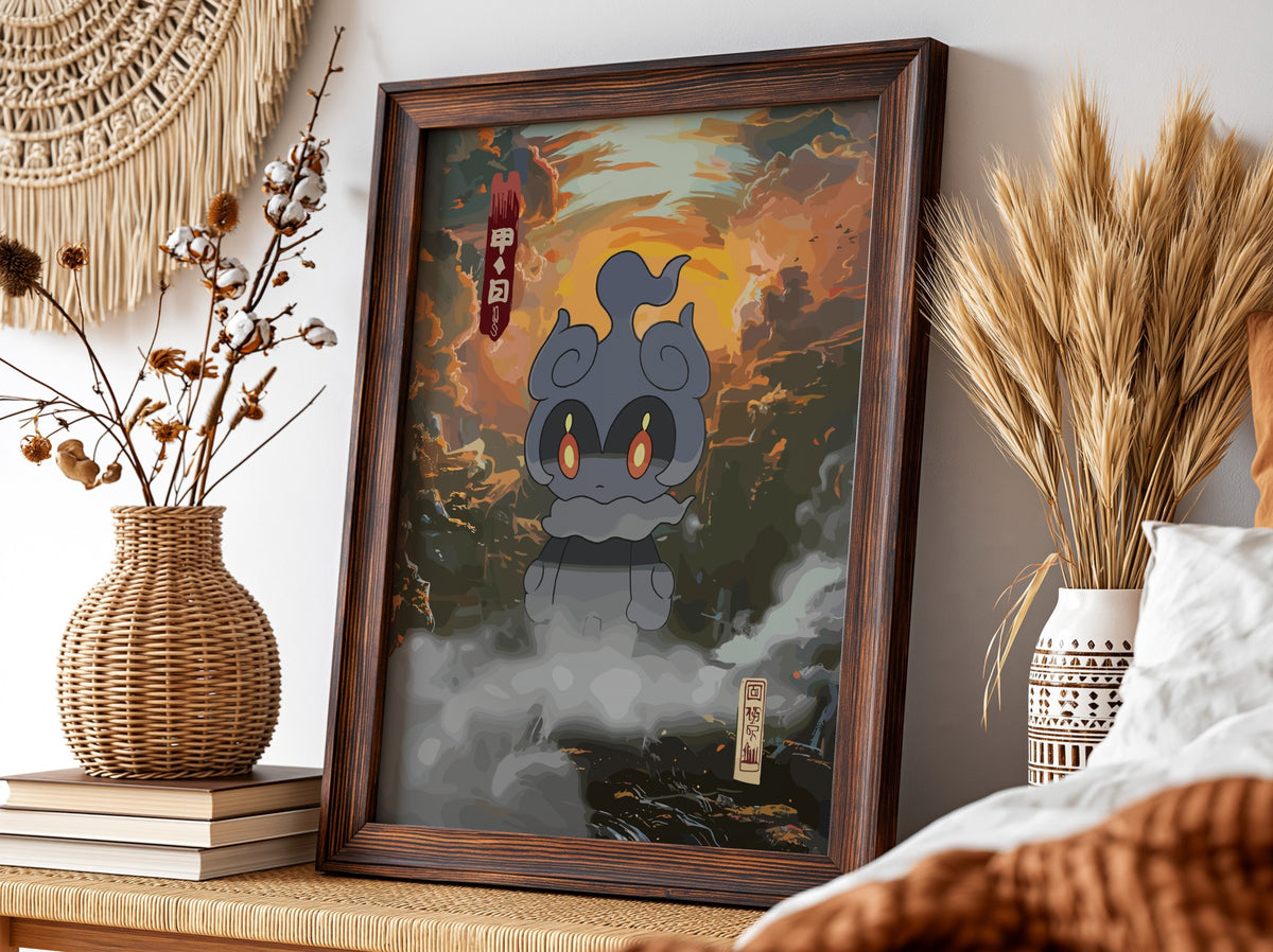 Poster of Marshadow spirit with glowing eyes in dusk orange and grey misty style