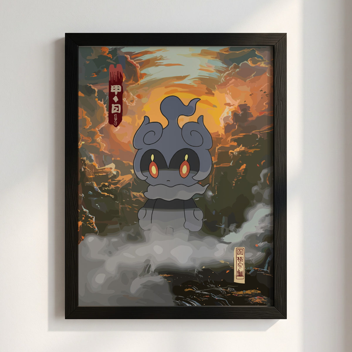 Poster of Marshadow spirit with glowing eyes in dusk orange and grey misty style