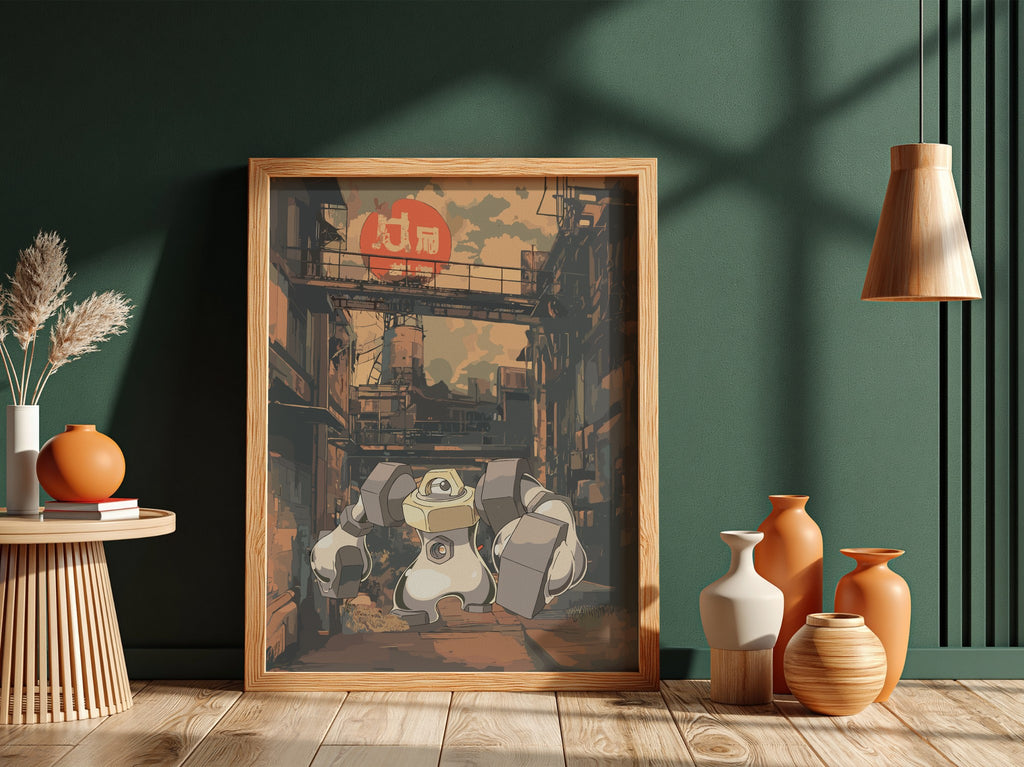 Melmetal poster with anime-style character in muted urban alleyway colours and industrial background