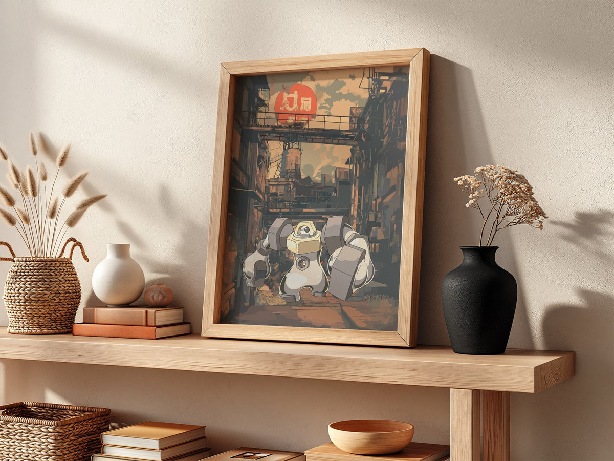 Melmetal poster with anime-style character in muted urban alleyway colours and industrial background