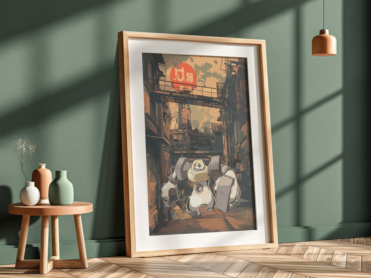 Melmetal poster with anime-style character in muted urban alleyway colours and industrial background
