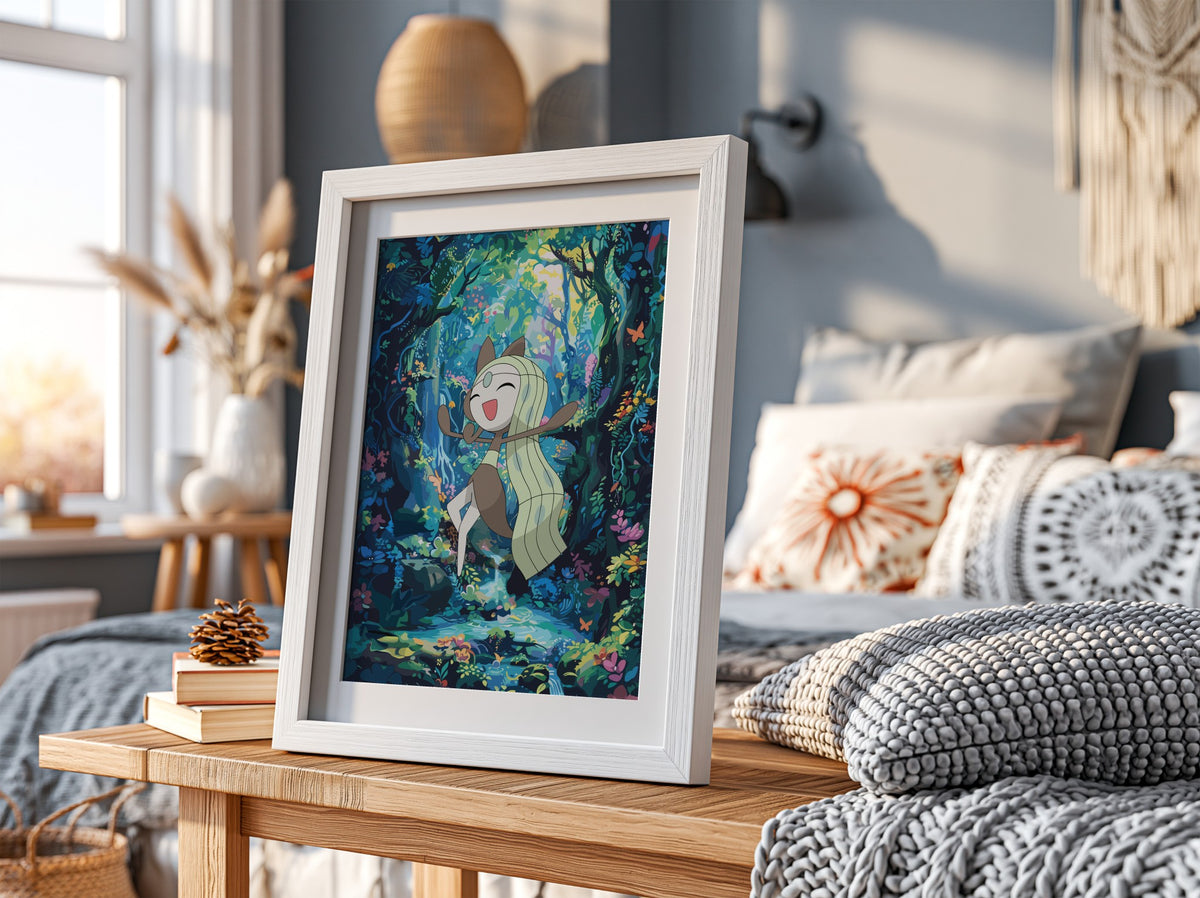 Poster featuring Meloetta dancing in colorful enchanted forest with vibrant blues greens and pinks