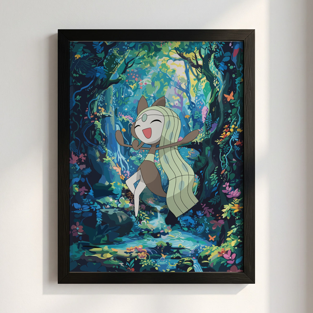 Poster featuring Meloetta dancing in colorful enchanted forest with vibrant blues greens and pinks