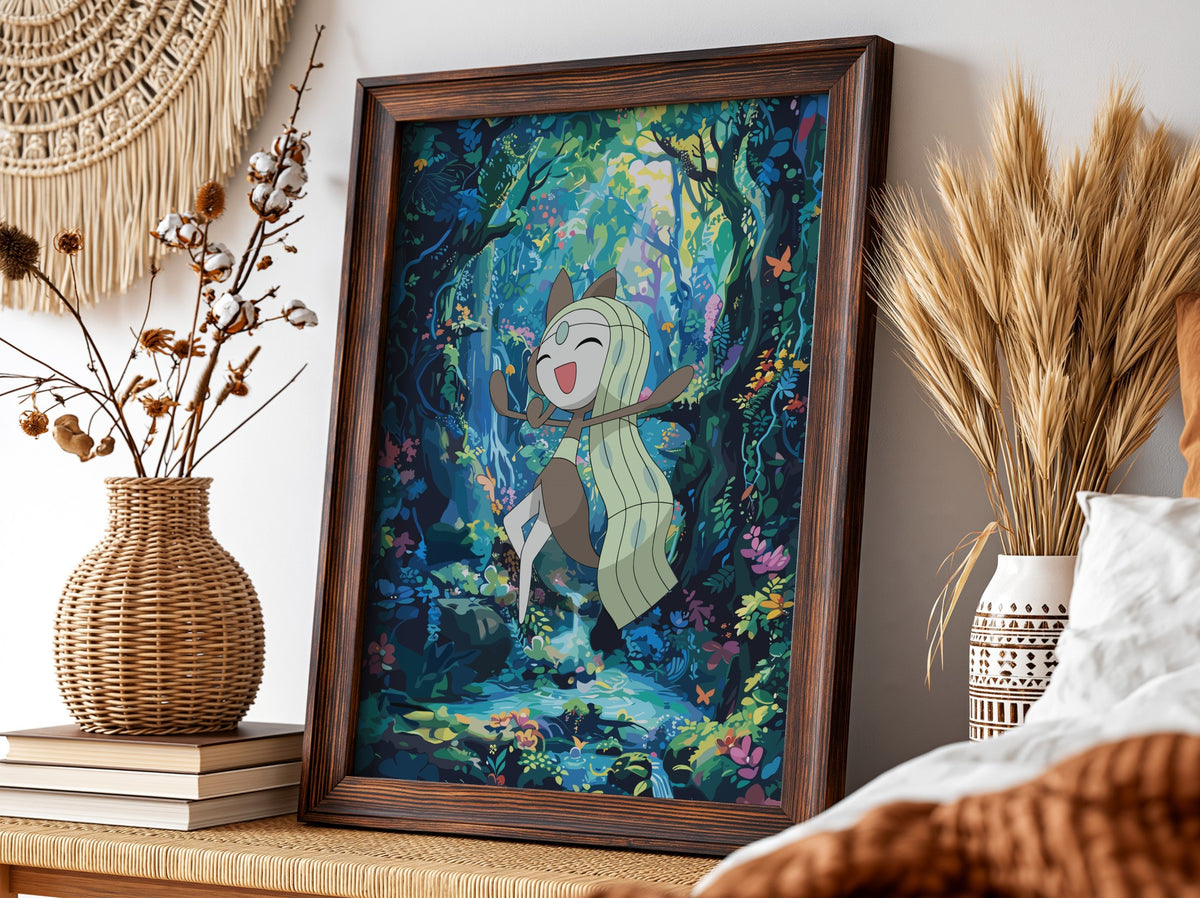 Poster featuring Meloetta dancing in colorful enchanted forest with vibrant blues greens and pinks